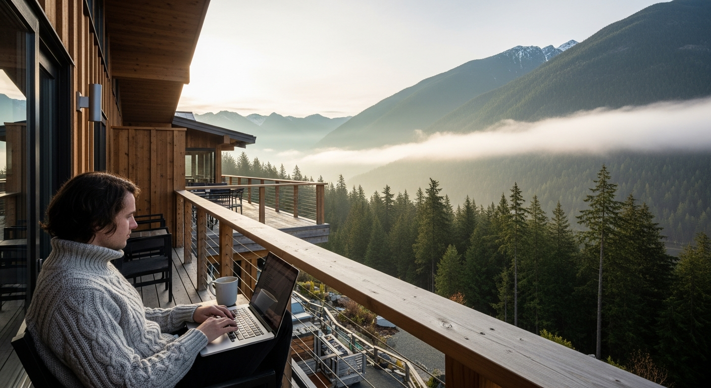 Remote worker in a scenic British Columbia location