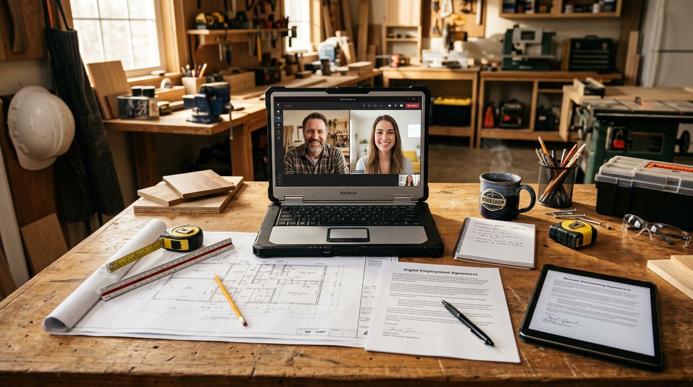 Contractor conducting remote onboarding video call on laptop